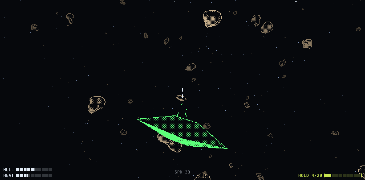 BELT NINE on the pixel theme: dithered rocks and a green hauler