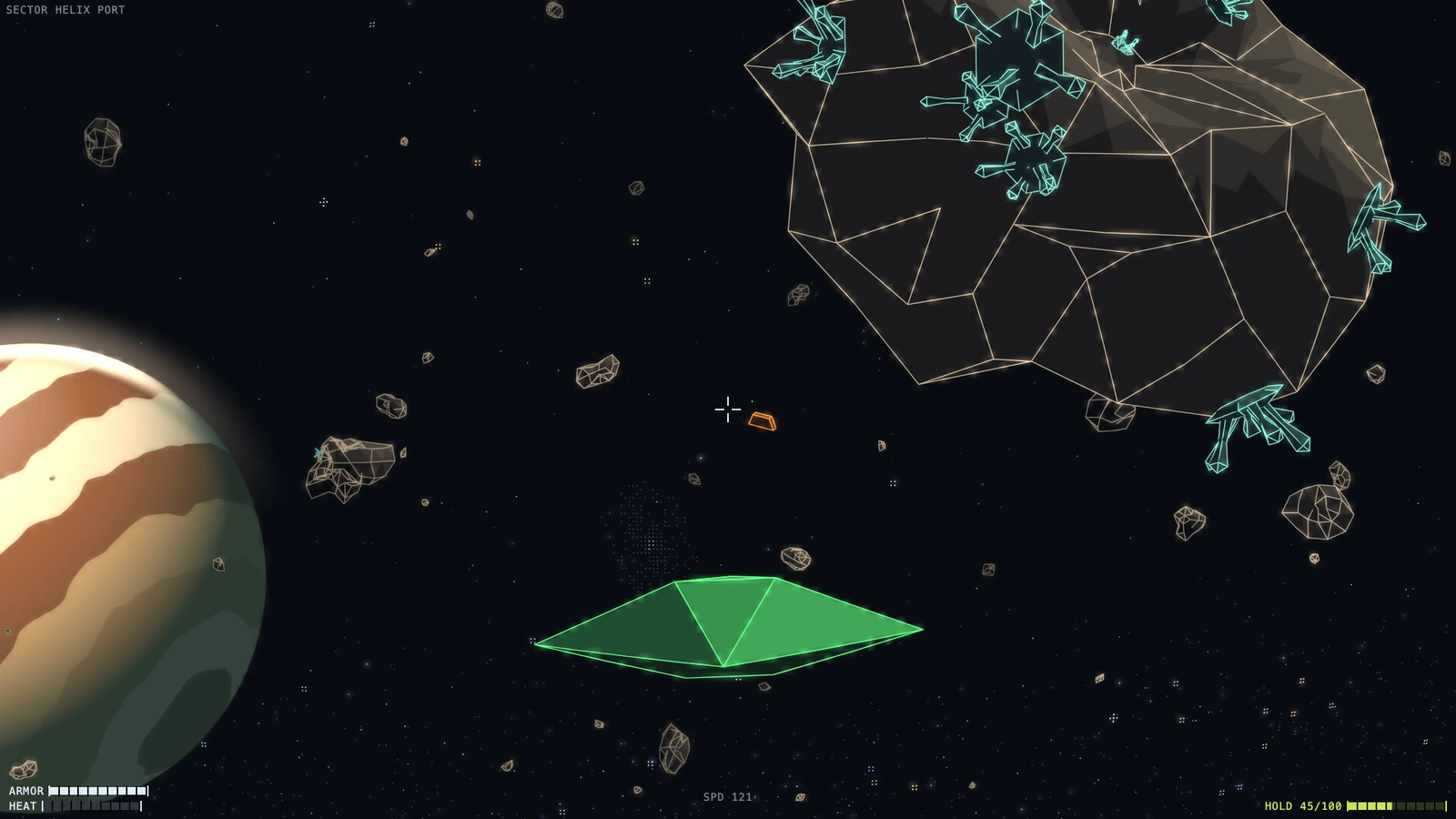 Belt Nine: a reef-covered asteroid, its growths picked out in cyan, with a planet behind it