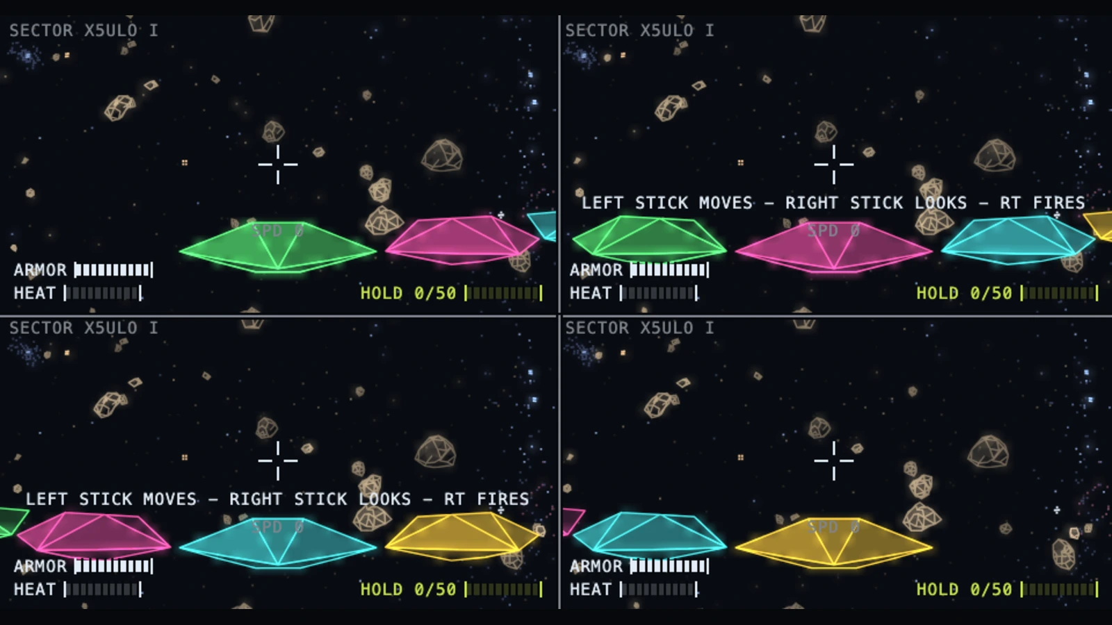 Four pilots in split screen, one ship per quadrant in green, pink, cyan and yellow