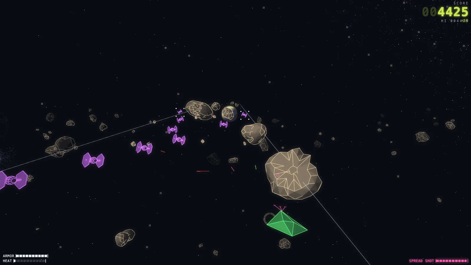 Belt Nine: a squadron of violet fighters sweeping down the lane at the green ship