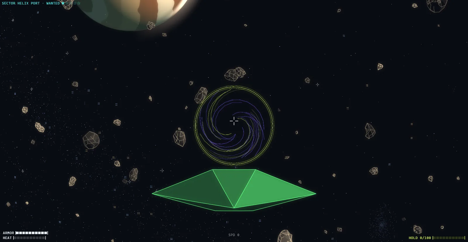 Belt Nine: a wormhole mouth open in the belt, a spiral of green and violet arcs