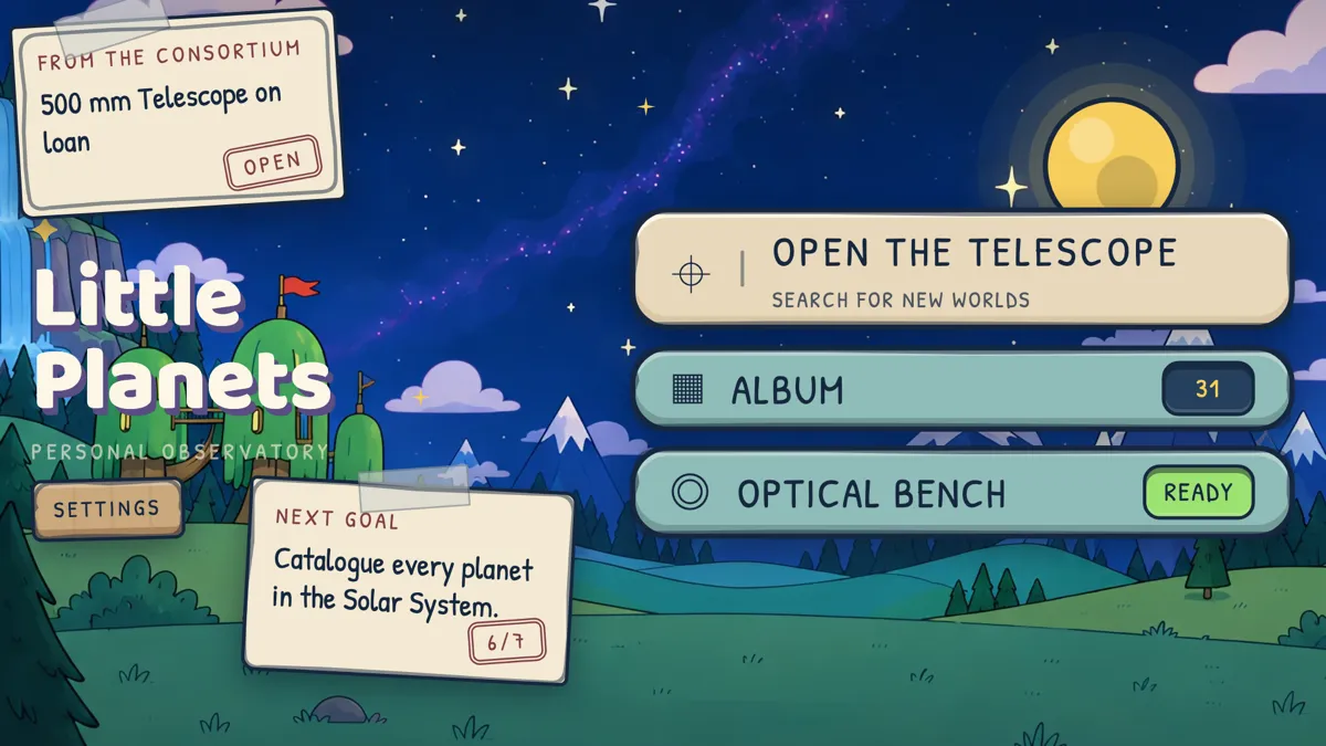 Little Planets: the observatory's home screen under a starry sky