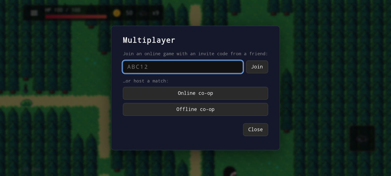SneakBit multiplayer menu: join an online game with an invite code, or host an online or offline co-op match