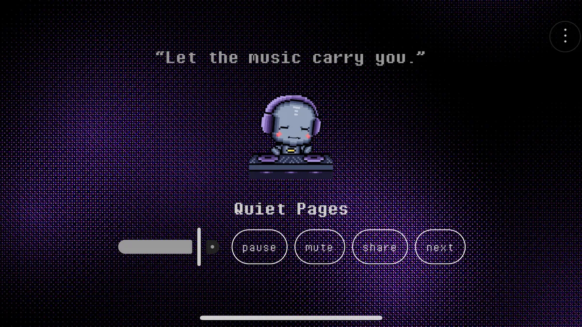 Unlimited Radio playing a synthwave track with its pixel-art robot DJ