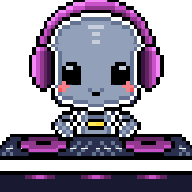 UnRadio's pixel-art robot DJ, nodding along behind a pair of turntables